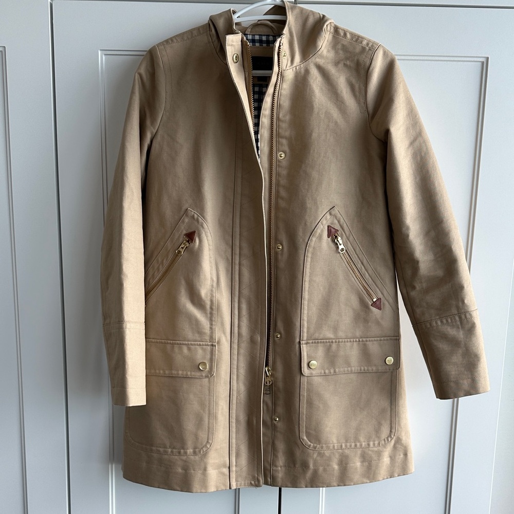 J Crew khaki hooded trench coat, size 00